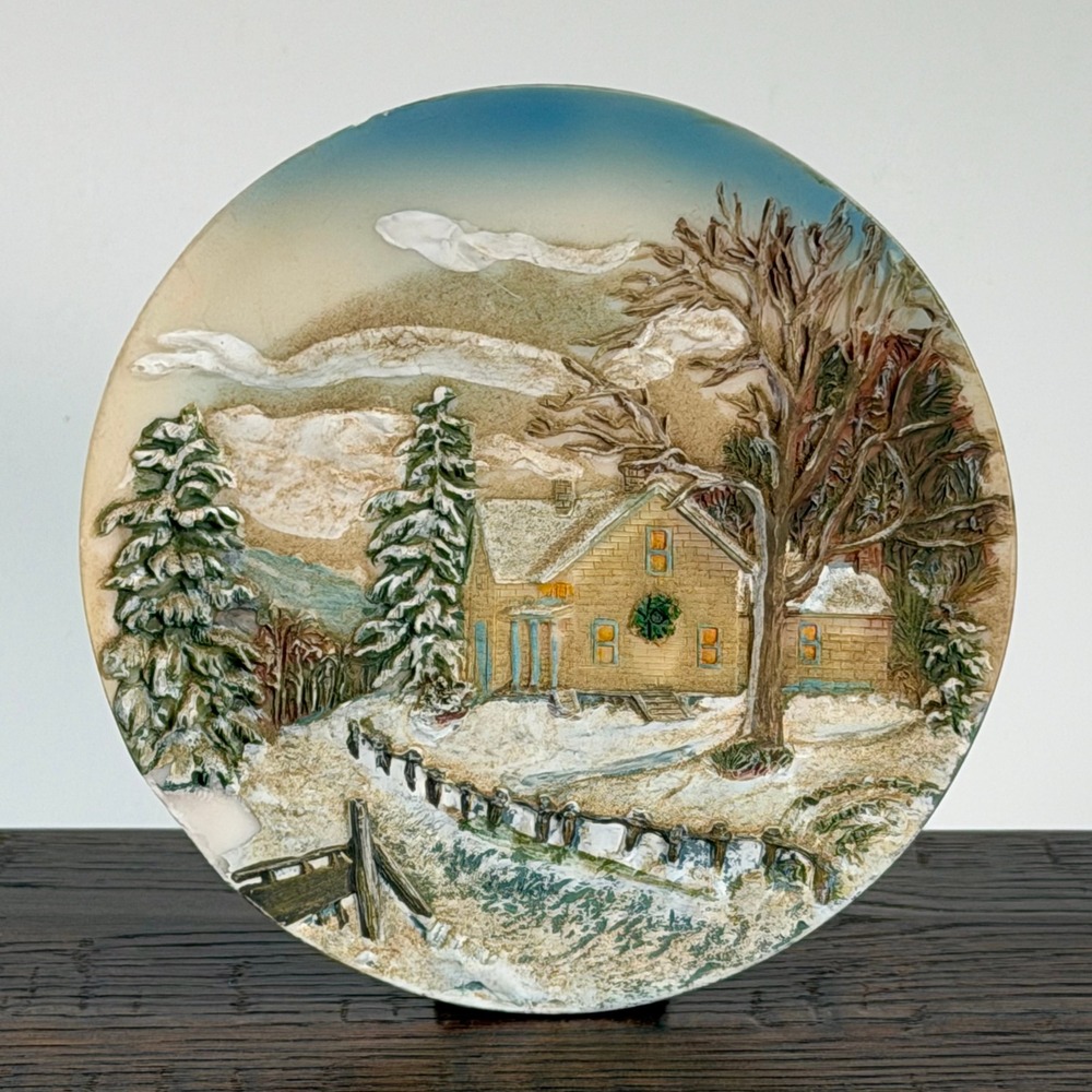 Vintage Handpainted Miniature Painting Resin Carved‎ Snowy Cabin Scene Cabincore